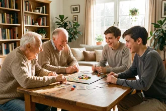 Famille multigénérationnelle réunie autour d'un jeu de société convivial à la maison