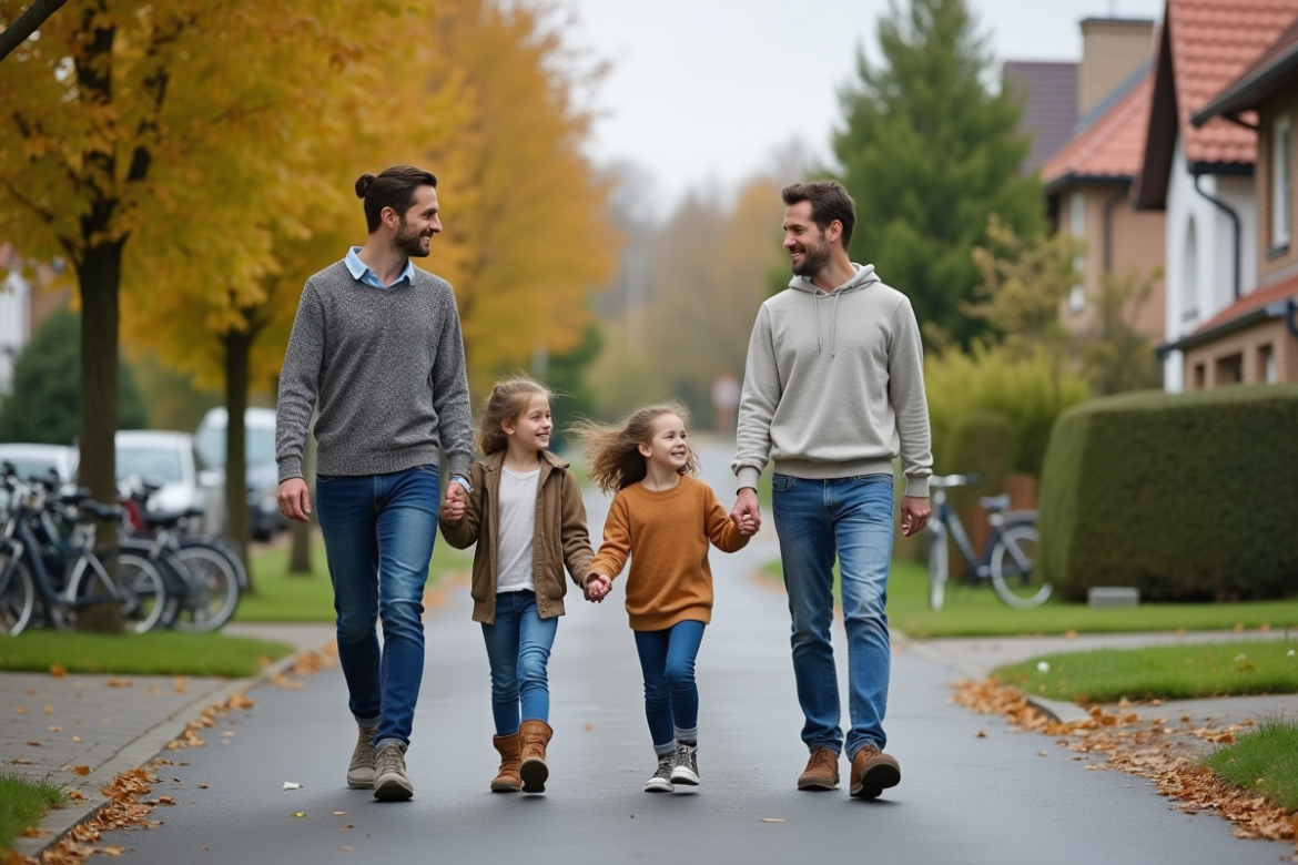 Famille de quatre se promenant dans un quartier résidentiel européen