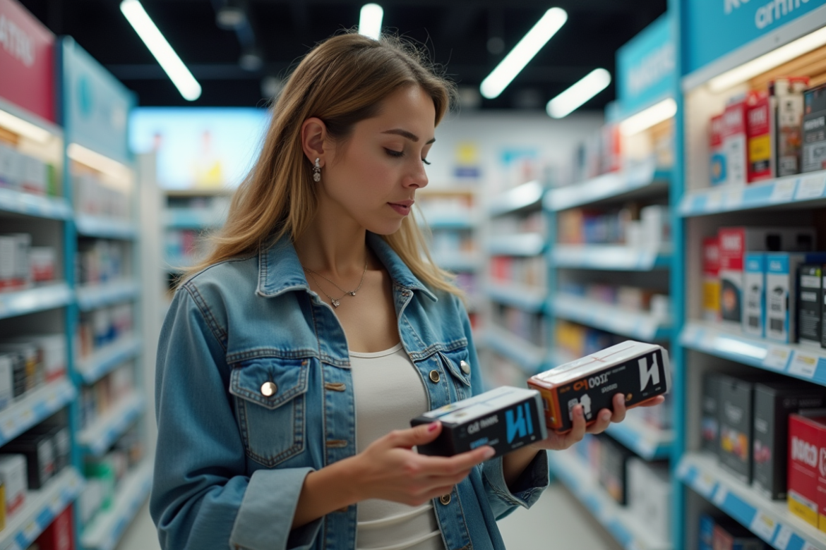 Femme comparant des cartouches d'imprimante en magasin en Espagne