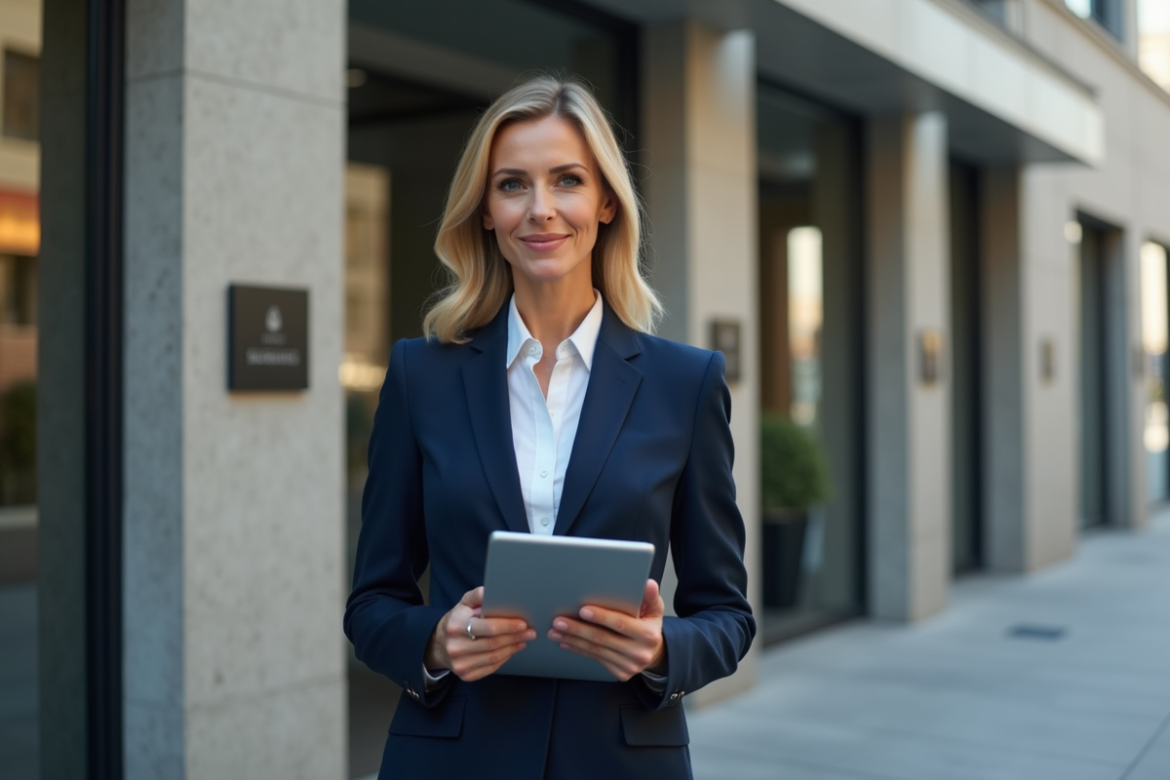 Femme d'affaires en costume dans un environnement urbain moderne