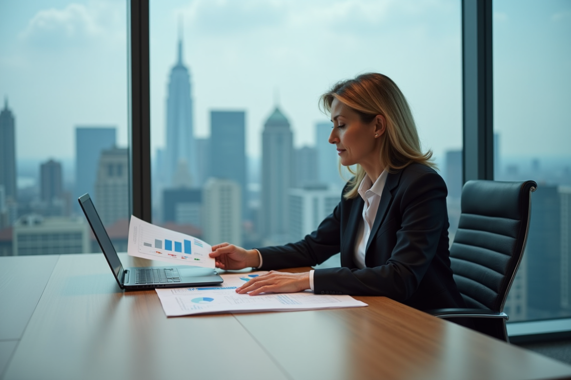Femme d'affaires analysant des graphiques de performance dans un bureau moderne