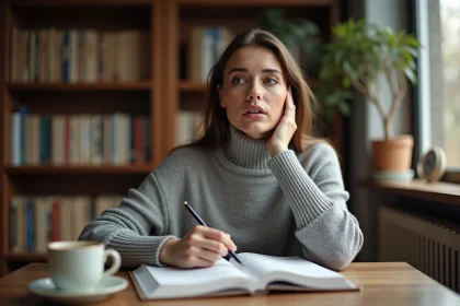 Femme étudiant la règle du de la en français avec un livre de grammaire ouvert sur un bureau en bois