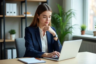 Femme professionnelle au bureau à domicile en train de travailler
