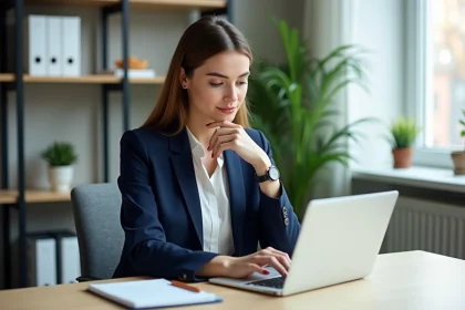 Femme professionnelle au bureau à domicile en train de travailler