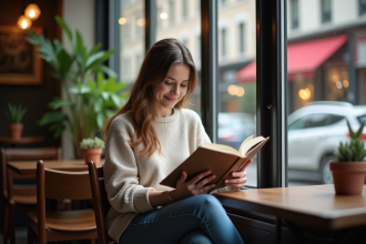 Femme détendue lisant un livre dans un café cosy