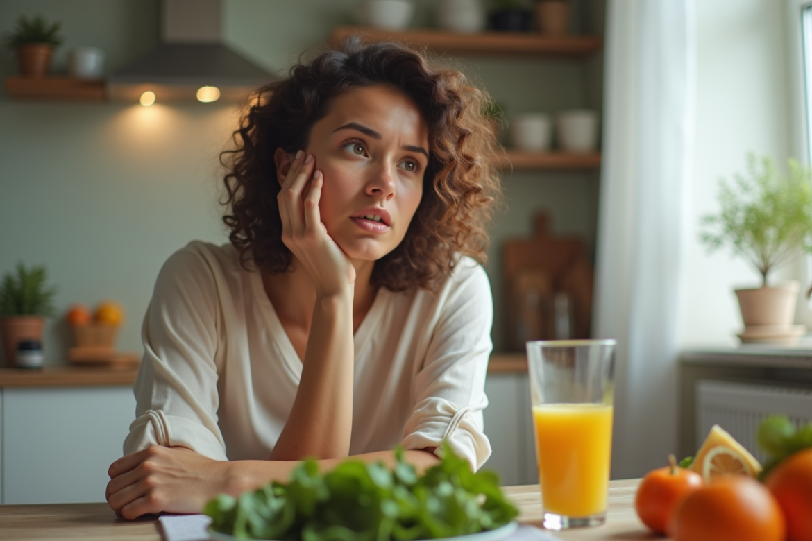 Femme fatiguée buvant un café au matin dans la cuisine