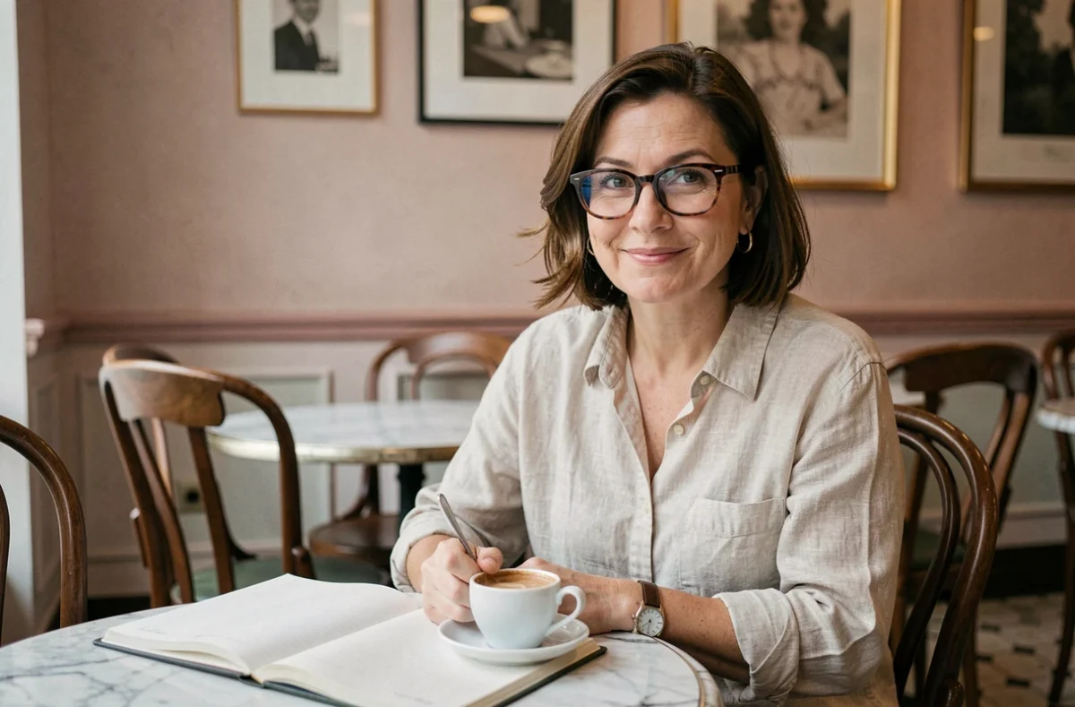 Femme pensive et amusée dans un café parisien réfléchissant à l'art de raconter une blague noire avec finesse