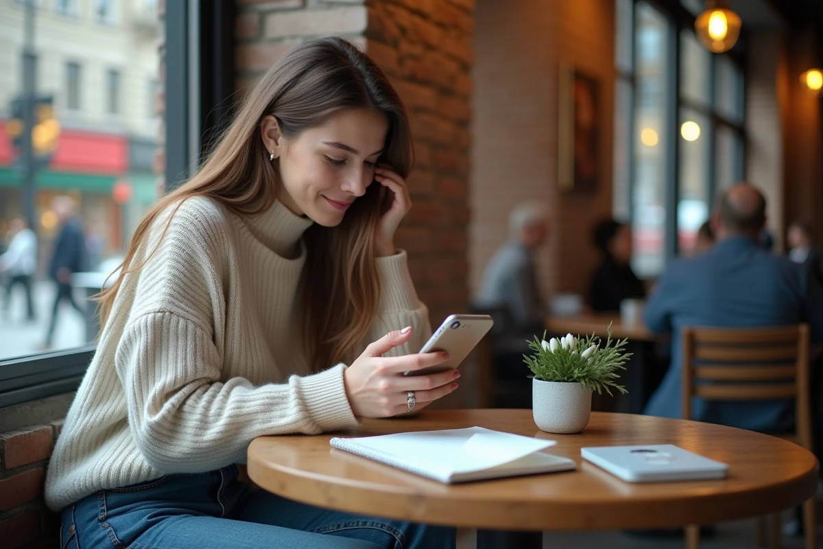 Jeune femme utilisant son smartphone dans un café urbain