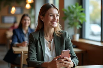 Femme souriante avec smartphone dans un café moderne