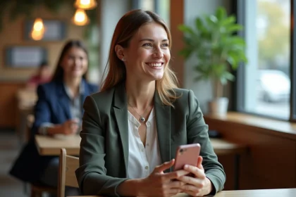Femme souriante avec smartphone dans un café moderne