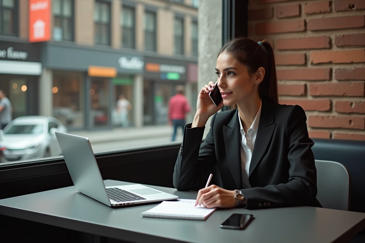 Jeune femme au café parlant au téléphone avec ordinateur portable