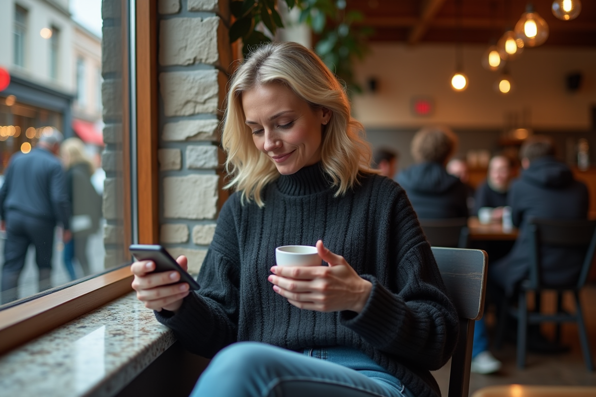 Femme dans un café urbain utilisant son smartphone et une tasse