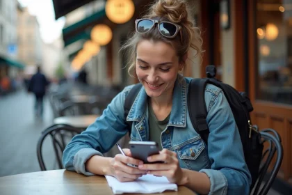Femme en terrasse de café en Europe avec calculatrice et smartphone