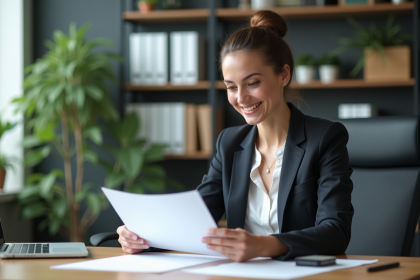 Femme confiante en blazer regardant un certificat de formation