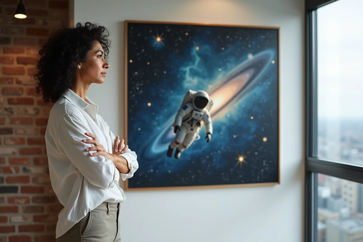 Femme contemplant une peinture cosmique d'astronaute dans un appartement urbain avec mur en briques apparentes