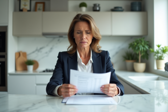 Femme d'affaires regarde un relevé bancaire dans la cuisine moderne