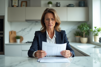 Femme d'affaires regarde un relevé bancaire dans la cuisine moderne