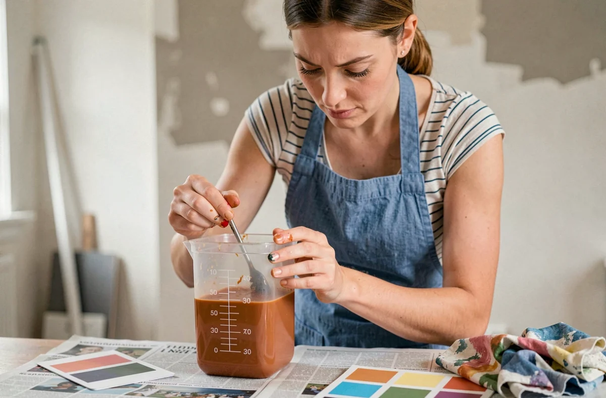 Femme lisant les graduations d'un convertisseur de litres pour mélange de peinture à domicile