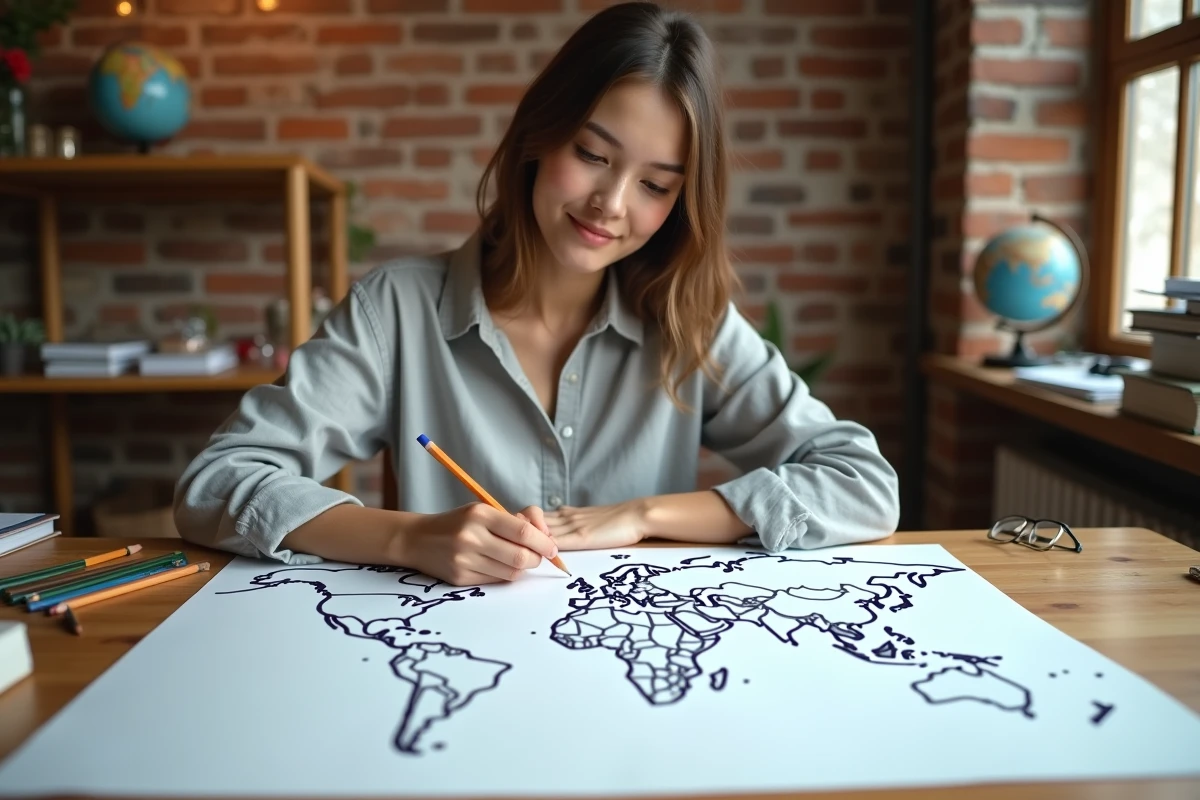 Jeune femme dessinant un croquis sur un fond de carte du monde vierge posé sur un bureau en bois avec des crayons de couleur
