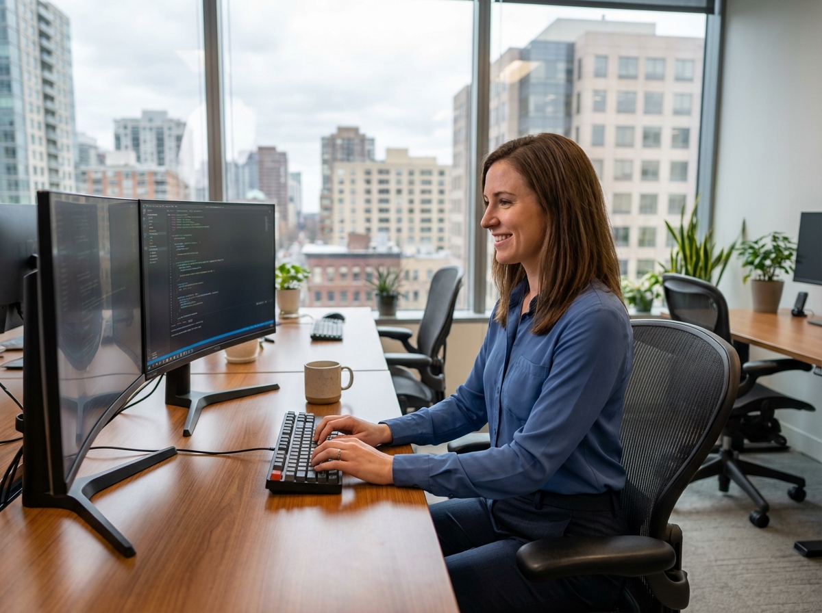Femme souriante code sur double écran dans un bureau moderne