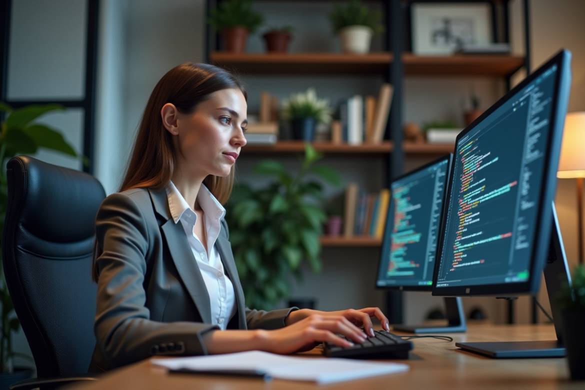 Femme en travail concentrée sur un ordinateur en bureau moderne