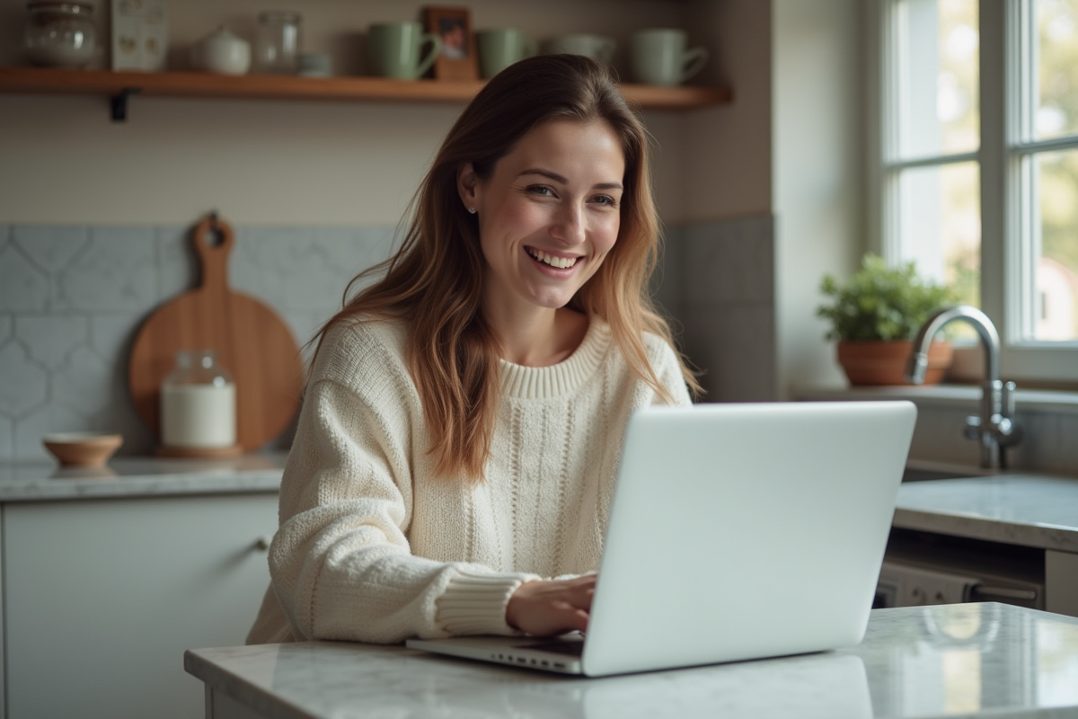 Jeune femme faisant un don en ligne depuis chez elle