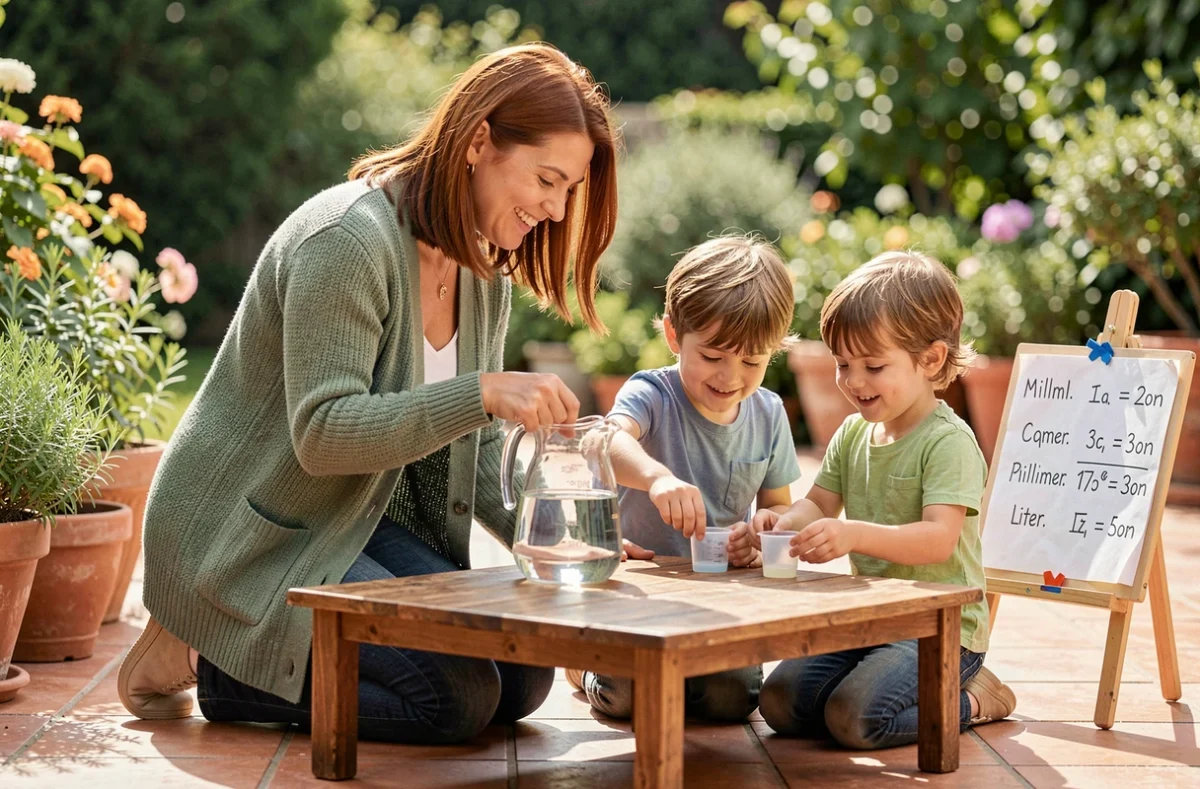 Femme accompagnant des enfants dans une activité de mesure litre et millilitres sur une terrasse extérieure