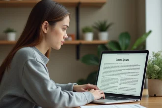 Jeune femme utilisant un générateur Lorem Ipsum en ligne sur un ordinateur portable dans un bureau moderne