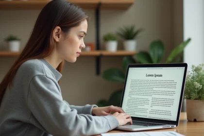 Jeune femme utilisant un générateur Lorem Ipsum en ligne sur un ordinateur portable dans un bureau moderne