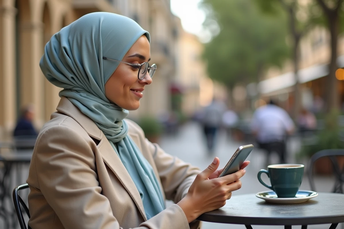 Jeune femme musulmane consultant les horaires de prière de Nîmes sur son smartphone en terrasse de café