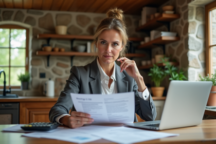Femme d'âge moyen étudie documents fiscaux dans maison chaleureuse