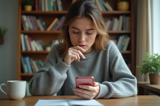 Femme jouant à 4 images 1 mot sur smartphone, assise à un bureau en bois dans un bureau à domicile cosy