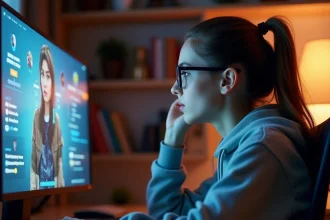 Jeune femme concentrée devant un ordinateur affichant un jeu de simulation avec menus de personnalisation de personnages