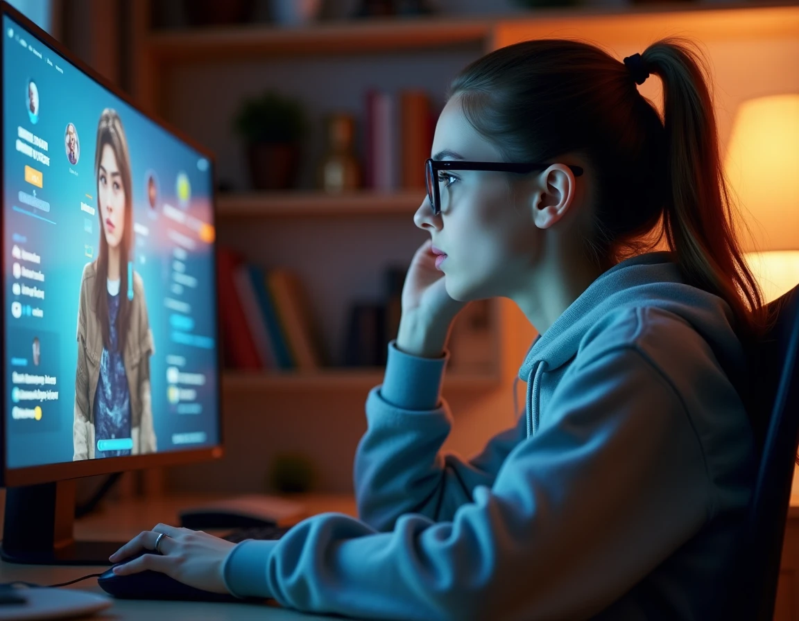 Jeune femme concentrée devant un ordinateur affichant un jeu de simulation avec menus de personnalisation de personnages