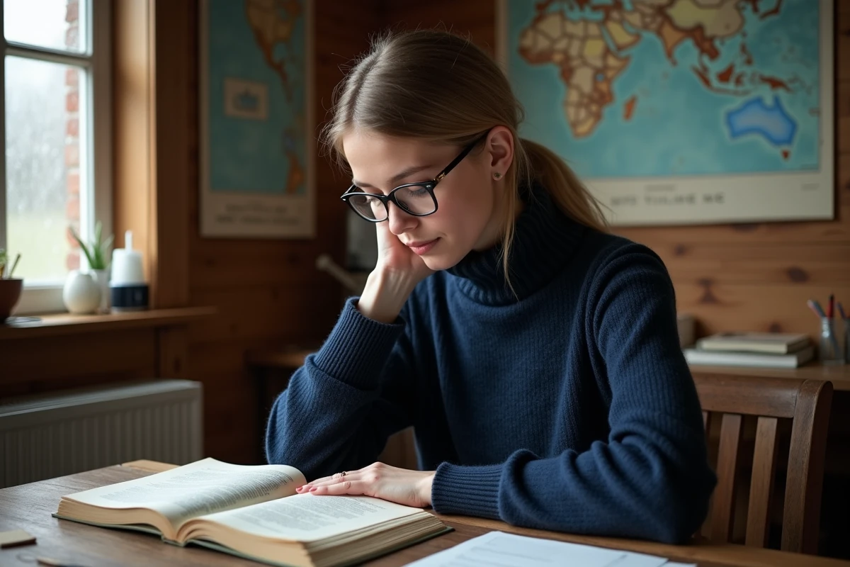 Femme lisant dans une maison suedoise chaleureuse