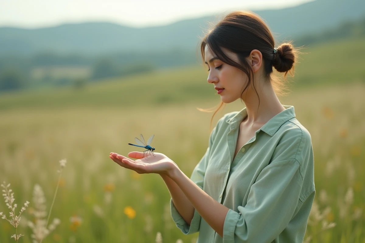Femme tenant une libellule bleue sur son poignet dans une prairie fleurie, moment de connexion spirituelle avec la nature