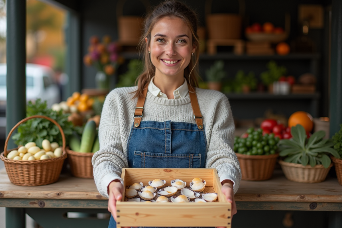 Jeune femme au marché tenant coquilles Saint-Jacques sur la coquille