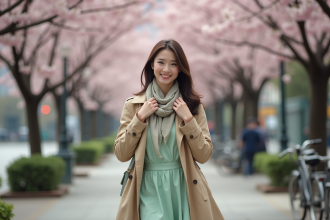 Jeune femme en robe pastel verte avec foulard dans un décor printanier