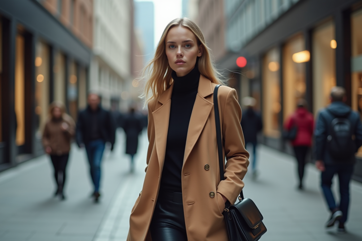 Femme mode urbaine en manteau minimaliste dans la ville