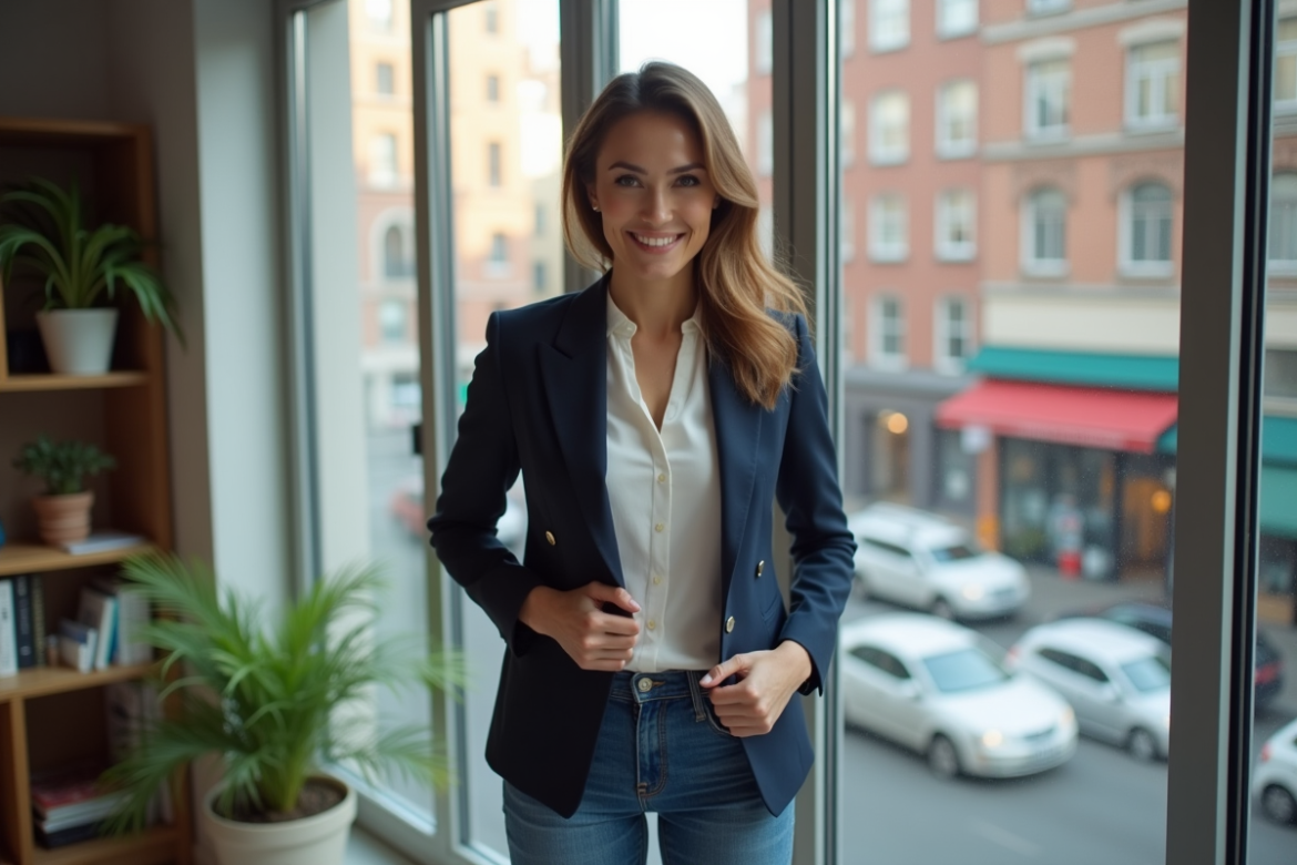 Femme élégante en blazer navy dans un intérieur moderne