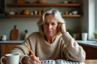 Femme concentrée cherchant une solution à une grille de mots fléchés difficile à la maison