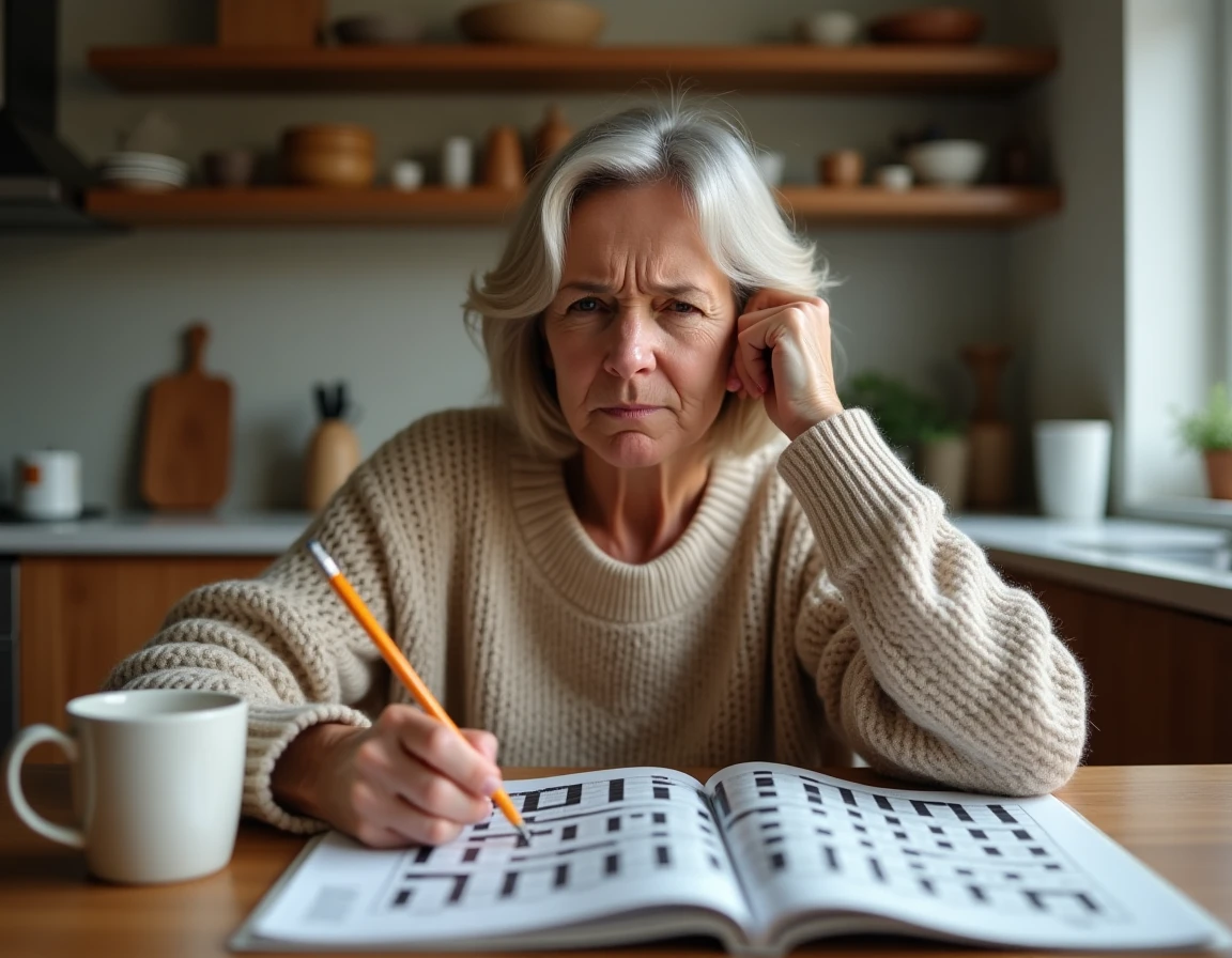 Femme concentrée cherchant une solution à une grille de mots fléchés difficile à la maison
