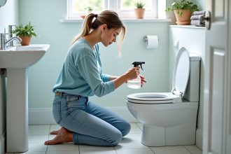 Femme en bleu nettoyant la toilette dans une salle de bain lumineuse