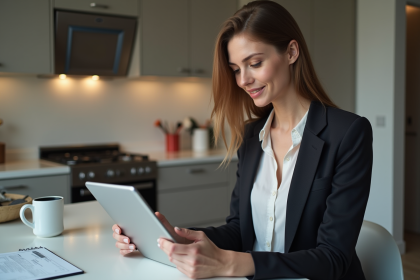 Jeune femme professionnelle utilisant une tablette à la maison