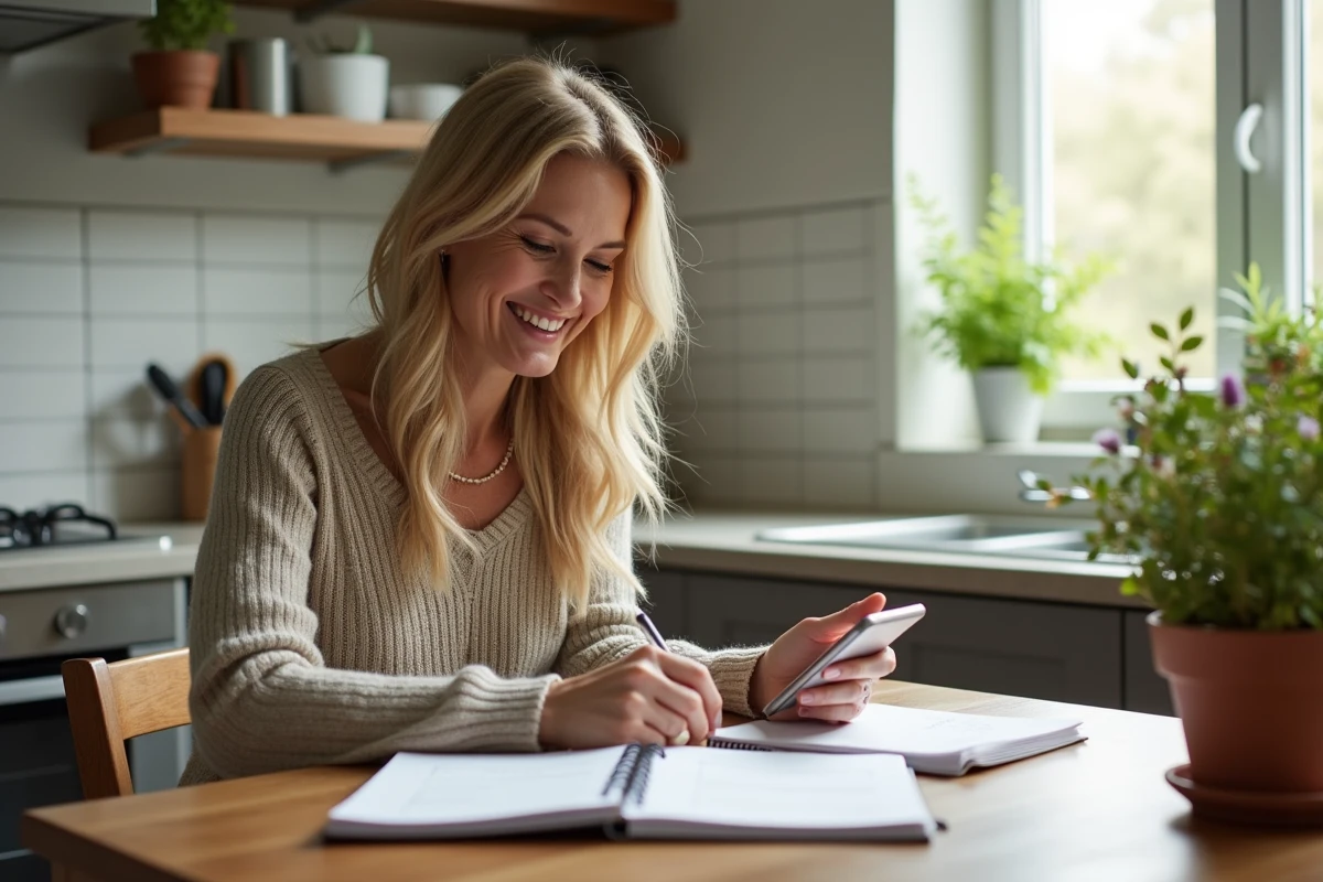 Femme assise à la cuisine souriante en écrivant dans un planner