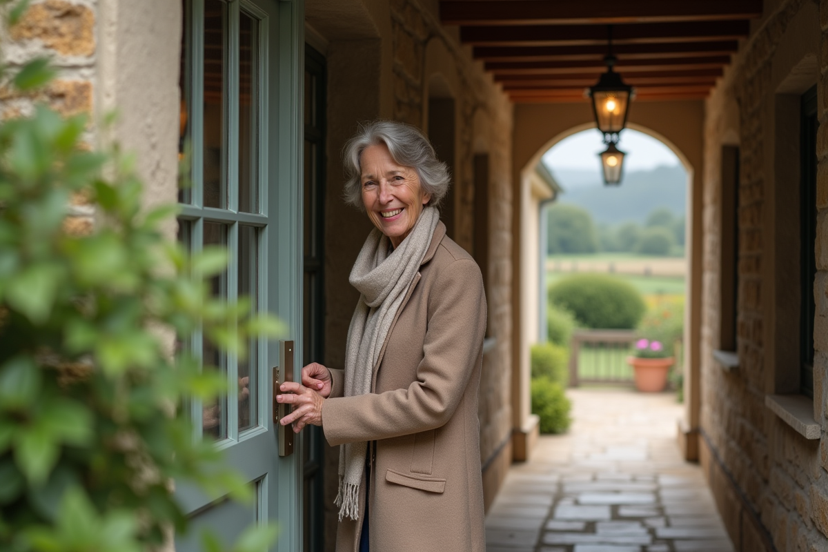 Femme souriante ouvrant la porte d