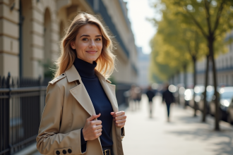 Jeune femme élégante en trench beige à Paris