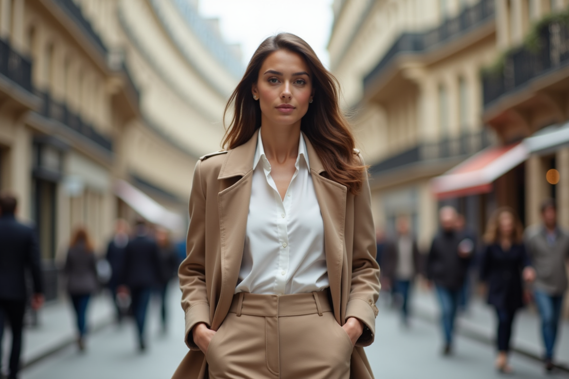 Femme élégante en trench beige dans une rue parisienne