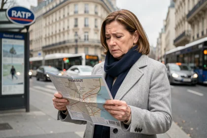 Femme consultant un plan de bus RATP à un arrêt de bus parisien pour éviter les erreurs de correspondance