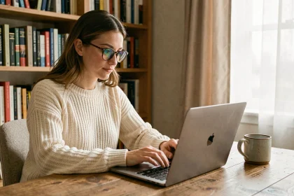 Femme utilisant une plateforme légale d'ebooks sur son ordinateur portable dans un bureau à domicile confortable